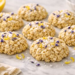 lemon lavender no bake cookies topped with flaky sea salt on marble surface