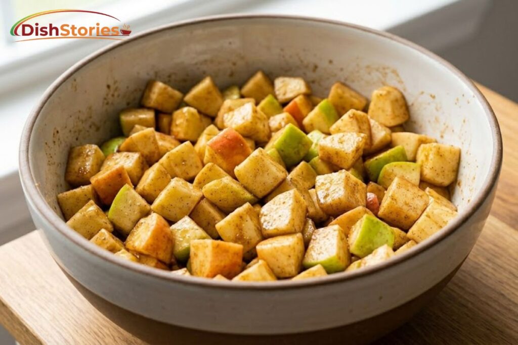 A close-up of cubed apples (Honeycrisp and Granny Smith) in a ceramic bowl, glistening as they are thoroughly coated in brown sugar, lemon juice, and the aromatic chai spice blend seen in image_0.png, ready for the apple crumble with chai recipe.