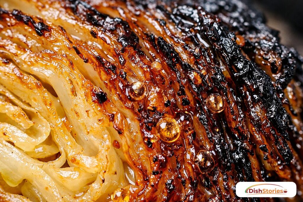 Close-up of the Maillard reaction on crispy roasted cabbage showing caramelization.