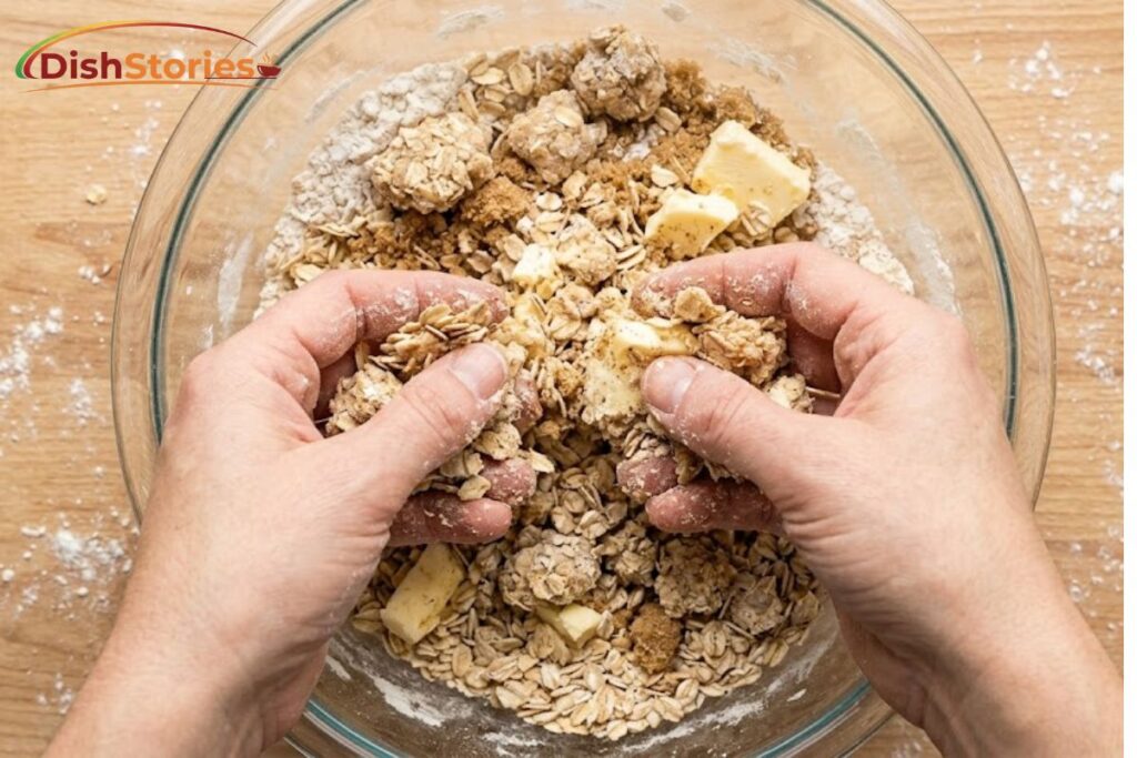 A top-down photograph showing two hands actively pinching and rubbing cold, solid butter into a mixture of rolled oats, flour, and brown sugar (which also contains the chai spice blend seen in image_0.png), creating distinct, rustic clumps for the perfect easy apple crumble topping.