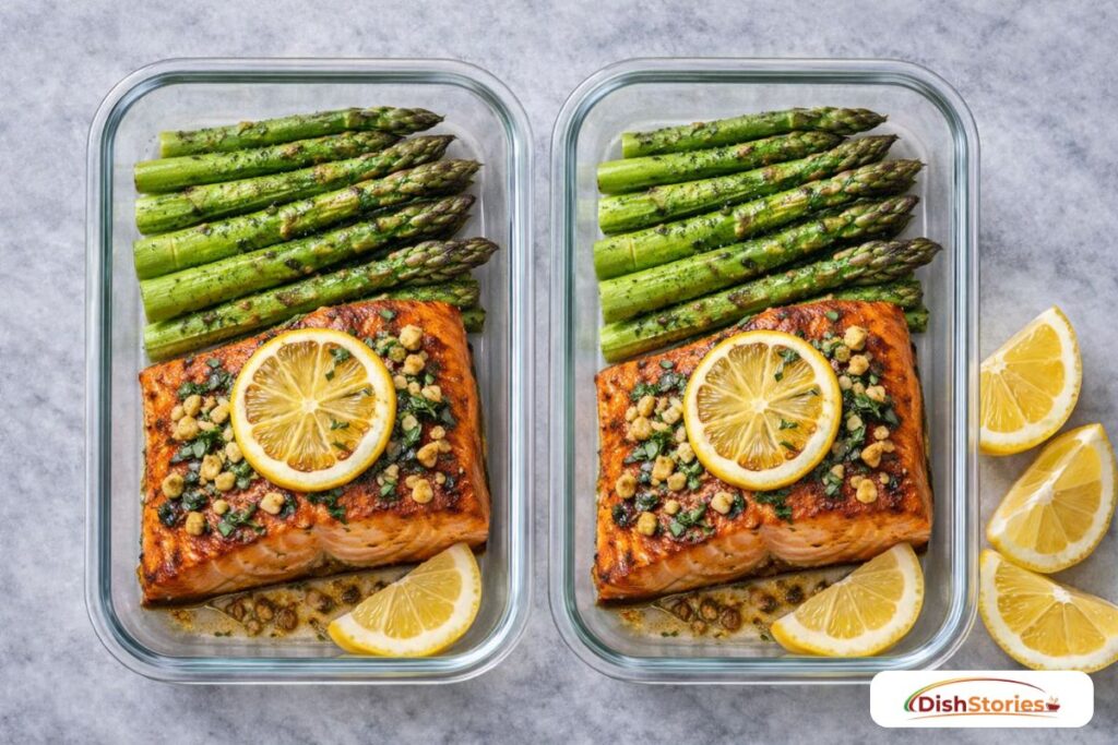 Healthy salmon and asparagus meal prep stored in glass airtight containers for easy weeknight reheating