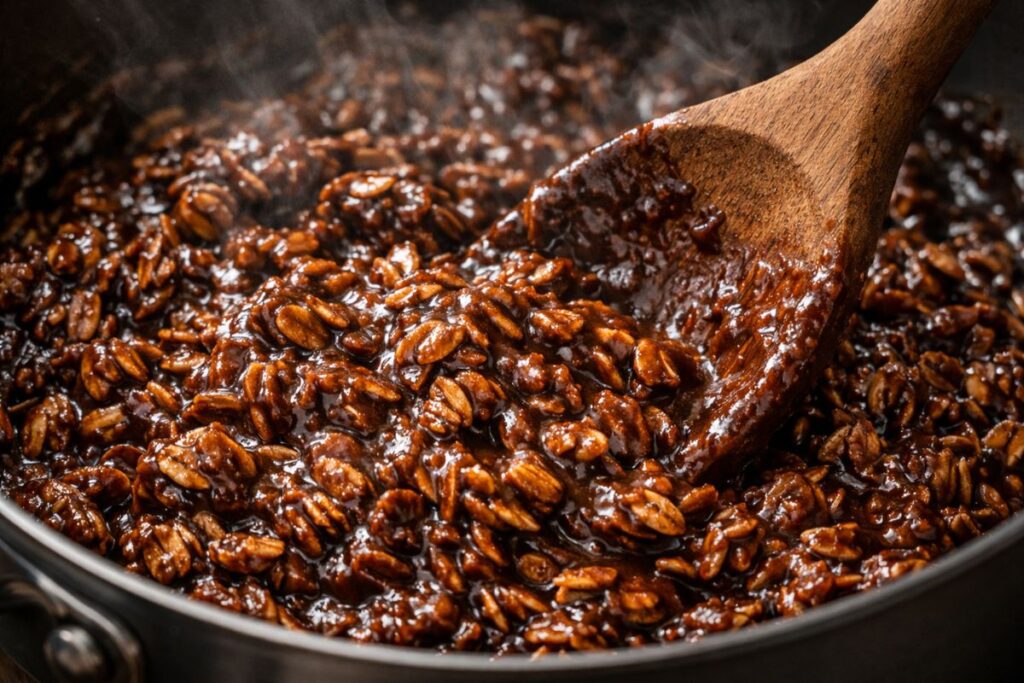 close up texture of uncooked oatmeal cookies mixture showing oats chocolate and glossy binding
