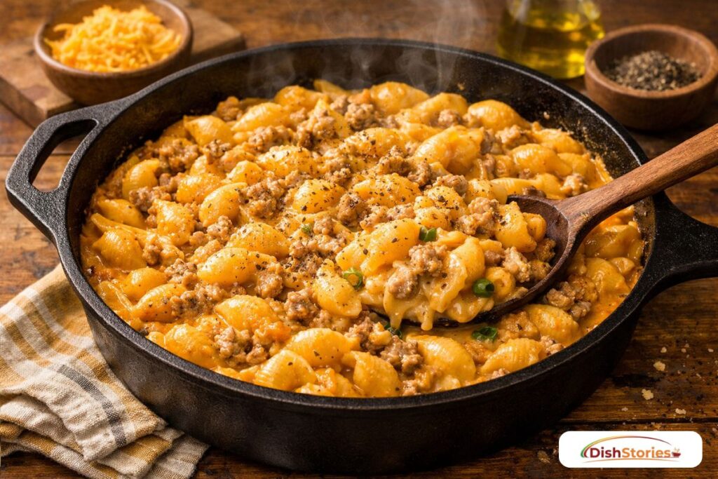 A deep skillet filled with cheesy pasta shells and browned ground turkey in a velvet sauce a cheap family meal under $10 for large groups.