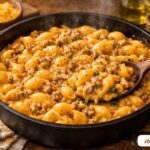 A deep skillet filled with cheesy pasta shells and browned ground turkey in a velvet sauce.