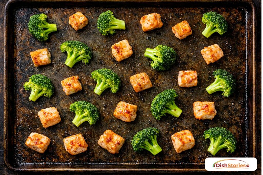 A large baking sheet with chicken cubes and broccoli spaced out evenly to ensure perfect roasting and air circulation.