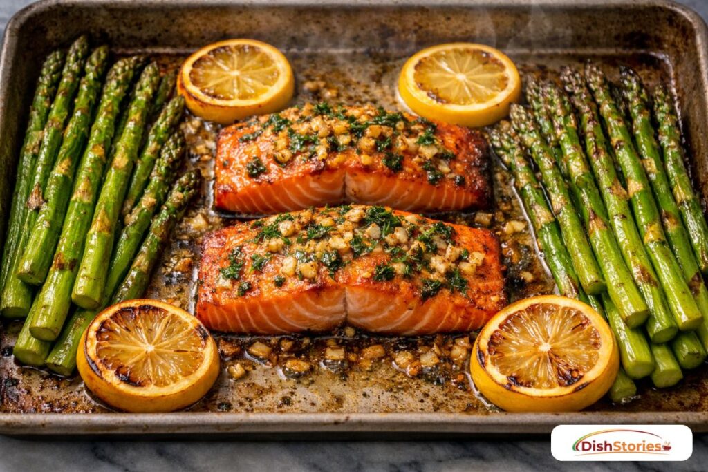 Oven-roasted salmon fillets and tender asparagus served on a sheet pan with browned garlic butter.