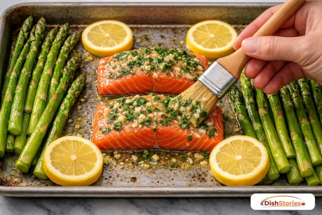 Brushing lemon garlic butter sauce onto raw salmon fillets and asparagus on a rimmed baking sheet.