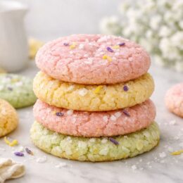 soft batch spring cookies in pastel colors stacked with soft centers