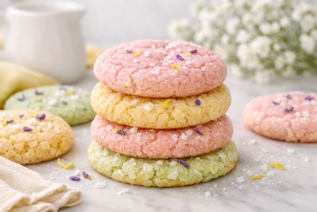 soft batch spring cookies in pastel colors stacked with soft centers