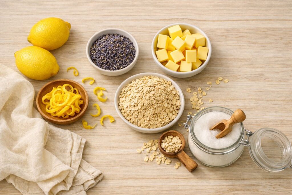lemon zest lavender oats butter sugar ingredients arranged aesthetically for spring cookies