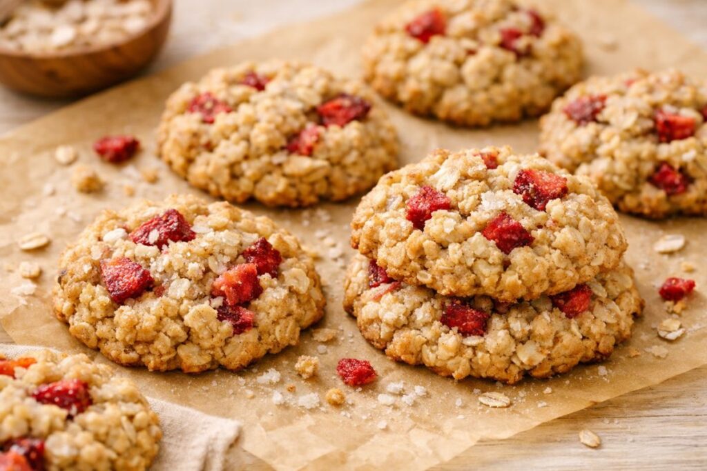uncooked oatmeal cookies with dried strawberries rustic texture