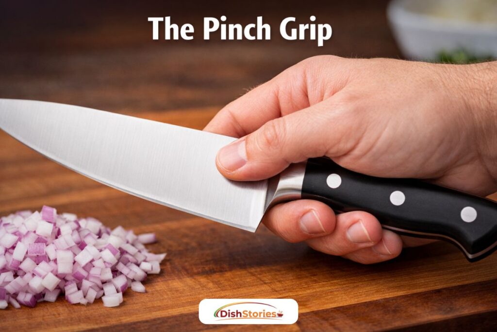 Close-up photograph of a professional chef demonstrating the pinch grip technique on a forged blade.