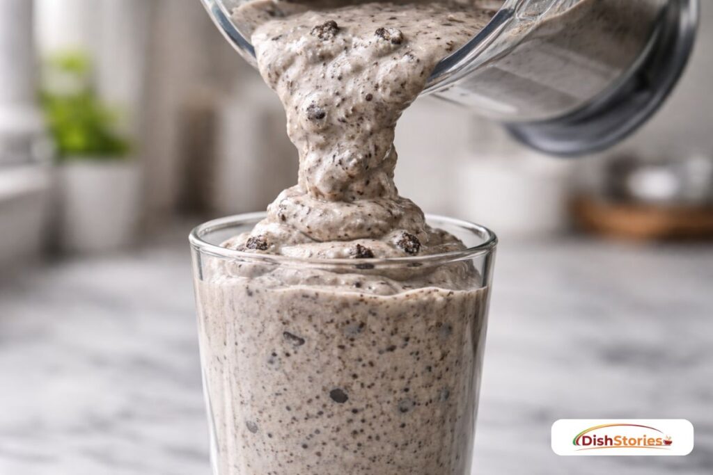 Thick Oreo milkshake being poured into a chilled glass showing a dense and creamy consistency.