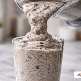 Thick Oreo milkshake being poured into a chilled glass showing a dense and creamy consistency.