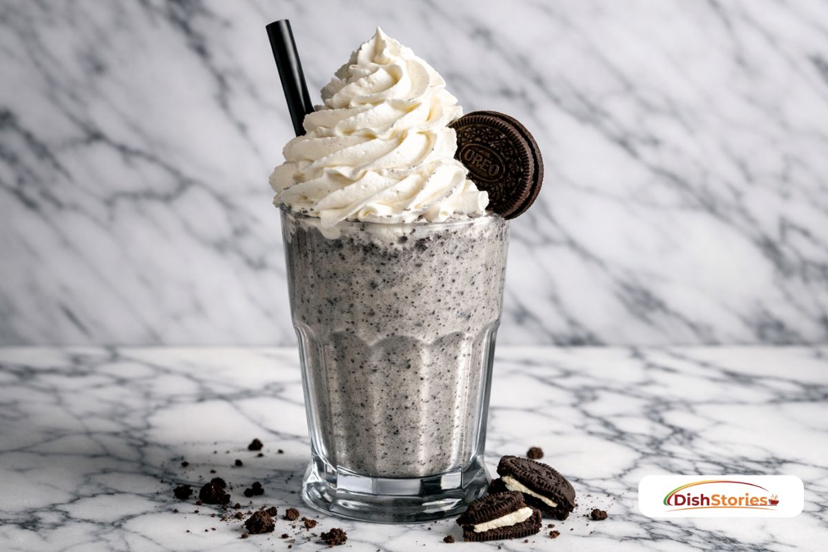A professional close-up of a homemade Oreo milkshake topped with whipped cream and a cookie on a marble surface.