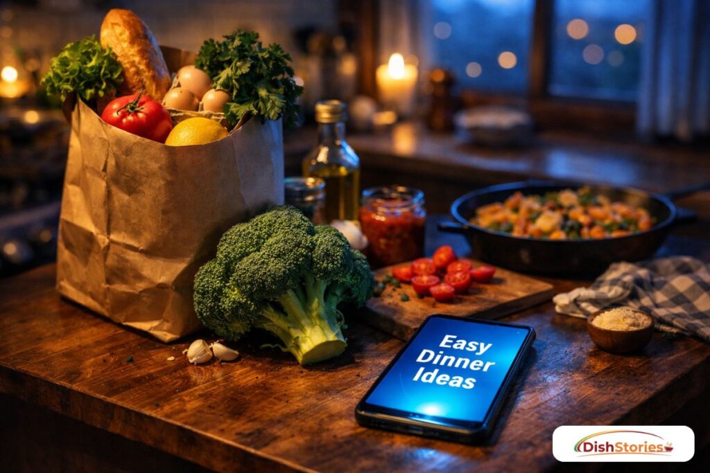 A cozy, slightly dim kitchen counter with a grocery bag of chicken and a glowing smartphone showing a delivery app.