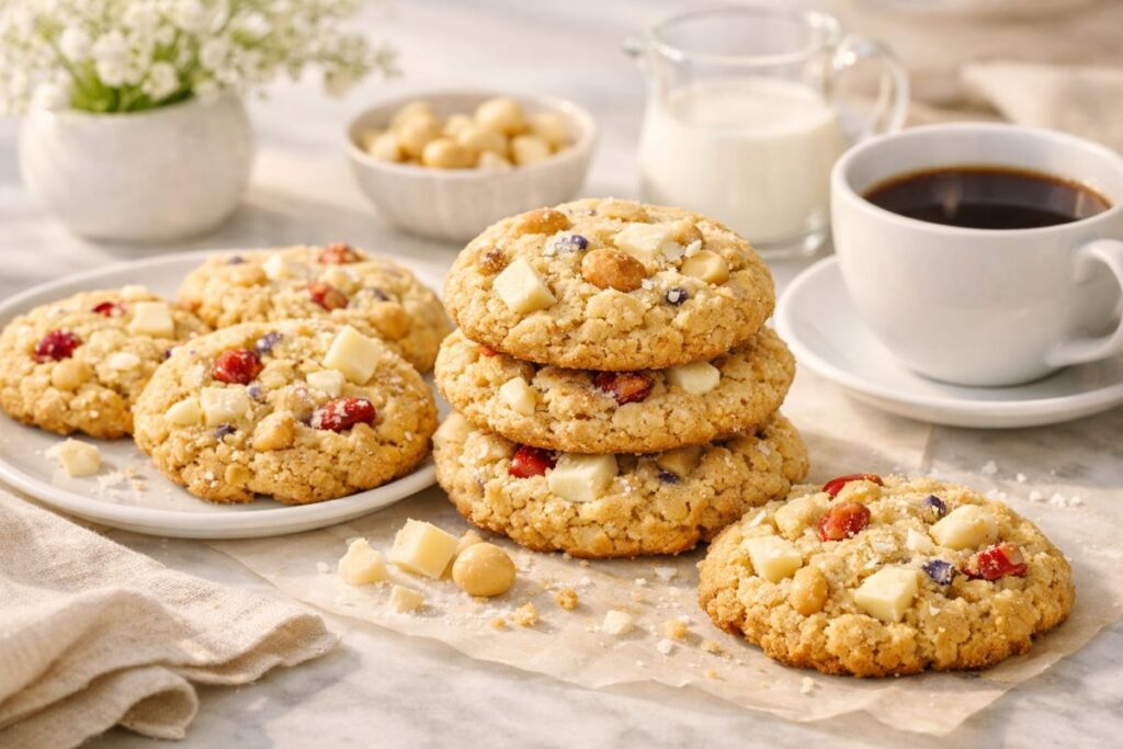 white chocolate macadamia cookies styled for brunch with soft light