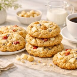 white chocolate macadamia cookies styled for brunch with soft light