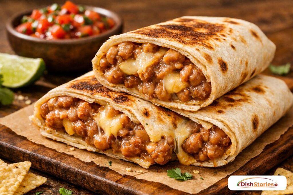 Toasted bean and cheese burritos showing melted cheese interior for a cheap family meal.