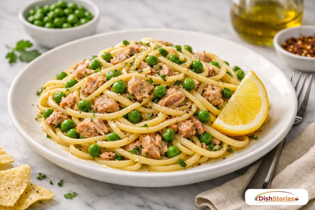 Lemon and garlic tuna pasta, a gourmet $10 dinner recipe using pantry staples.