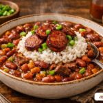 A bowl of creamy red beans and rice topped with sliced smoked sausage