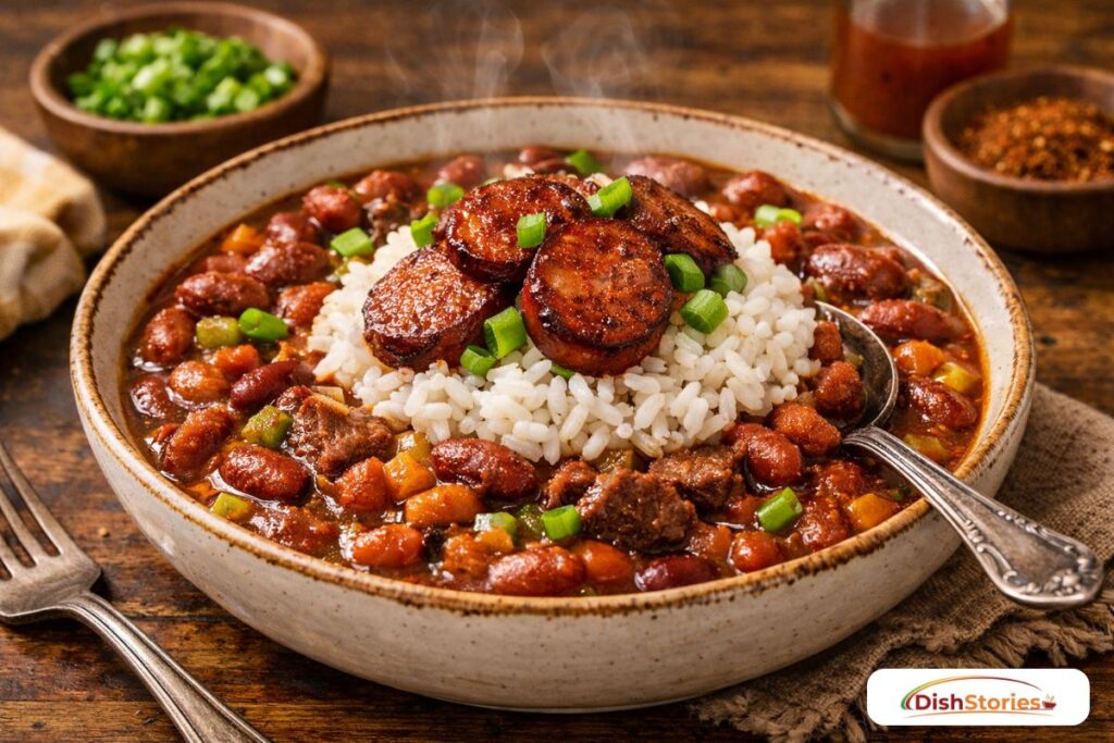 A bowl of creamy red beans and rice topped with sliced smoked sausage.