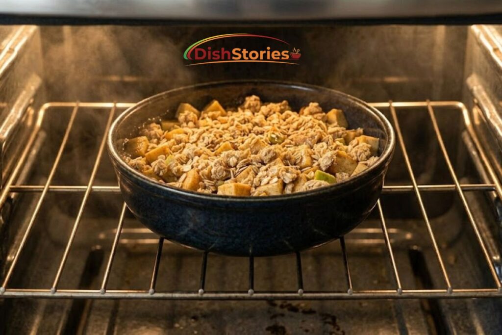 An eye-level photograph looking into a glowing oven, showing the Chai-Spiced Apple Crumble (assembled in image_3.png) sitting on the center rack. The topping is just beginning to turn golden brown and the spiced juices from the apples (image_1.png) are bubbling around the edges.