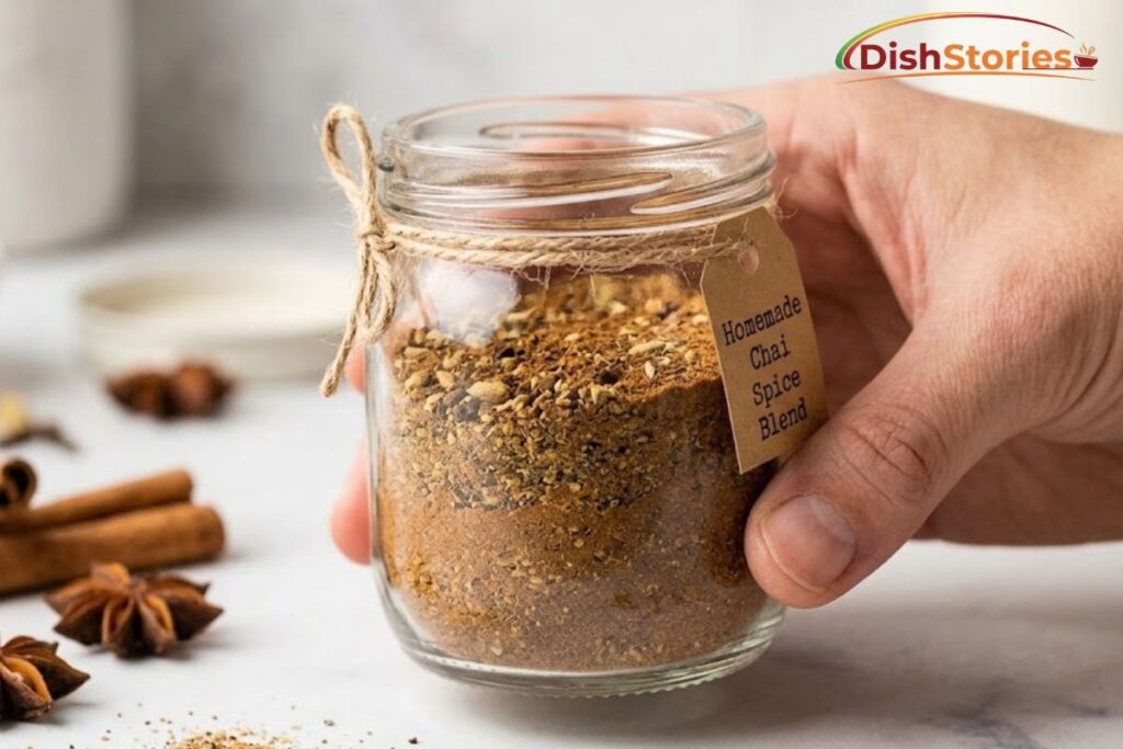 A close-up shot of hand-blended, ground chai spices (cinnamon, cardamom, ginger, cloves, black pepper) inside a small glass jar, showing the rustic texture of the homemade spiced chai mix.