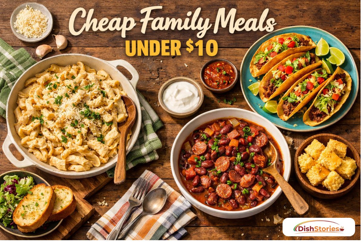 A collage of affordable $10 family meals including pasta, tacos, and soup on a rustic kitchen table. a cheap family meal under $10 for large groups.