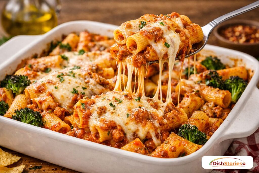 Baked ziti with bubbling mozzarella cheese and sauce-filled pasta tubes.