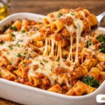 Baked ziti with bubbling mozzarella cheese and sauce-filled pasta tubes.
