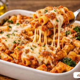 Baked ziti with bubbling mozzarella cheese and sauce-filled pasta tubes.