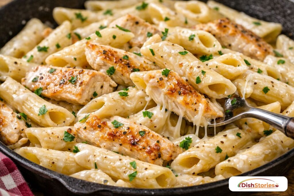 Rich and creamy garlic chicken pasta made with a budget-friendly milk slurry.