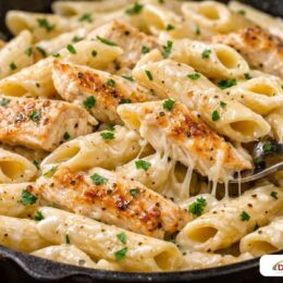 Rich and creamy garlic chicken pasta made with a budget-friendly milk slurry.