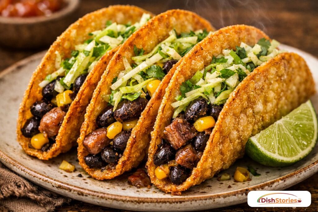 Three golden fried corn tortillas folded and stuffed with black beans, corn, and shredded cabbage a cheap family meal under $10 for large groups.