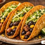 Three golden fried corn tortillas folded and stuffed with black beans, corn, and shredded cabbage.
