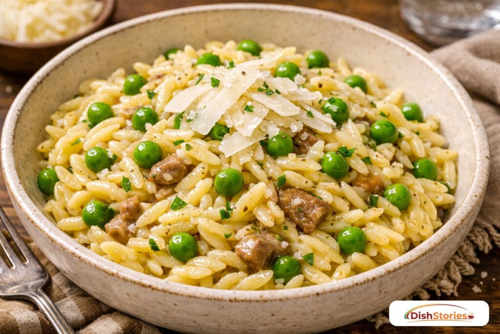 A glistening bowl of garlic butter orzo with bright green peas and shaved parmesan, cheap family meals under $10