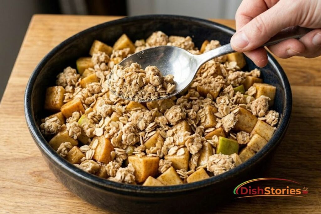 A hand uses a large silver spoon to sprinkle the clumpy oat-and-butter crumble mixture (created in image_2.png) over a dark ceramic baking dish filled entirely with the coated, spiced apple cubes (prepared in image_1.png), showing the rustic assembly of the cozy fall dessert.