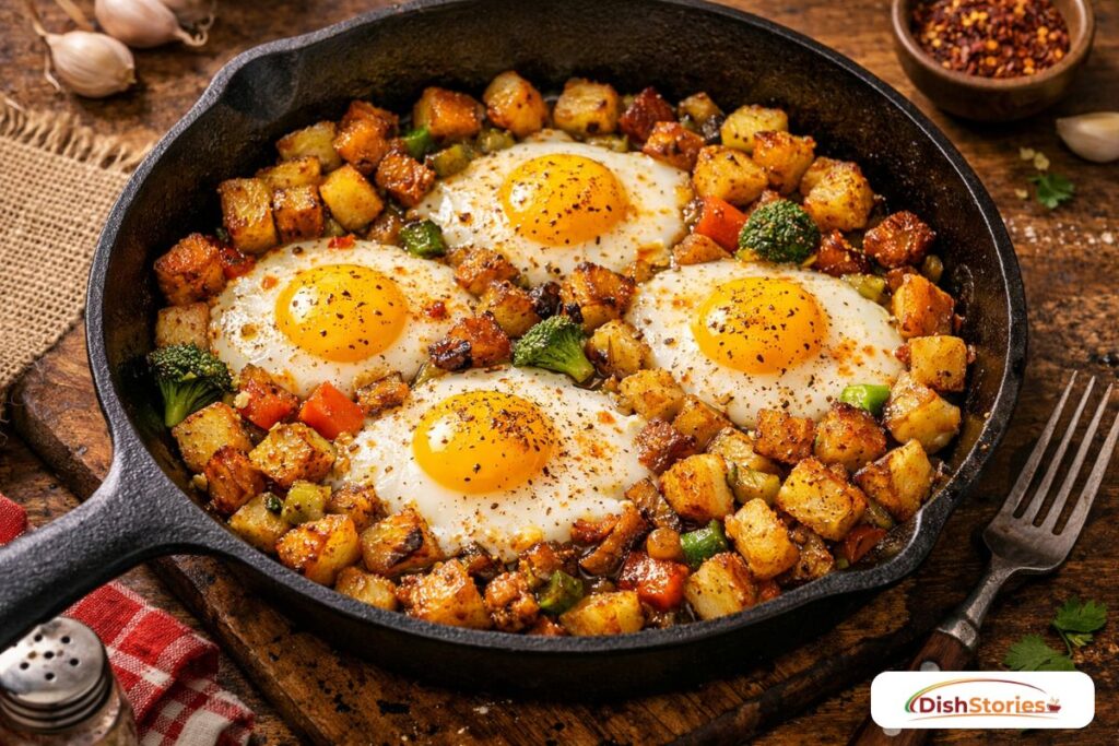Crispy potato and egg skillet, a cheap family meal under $10 using simple staples.