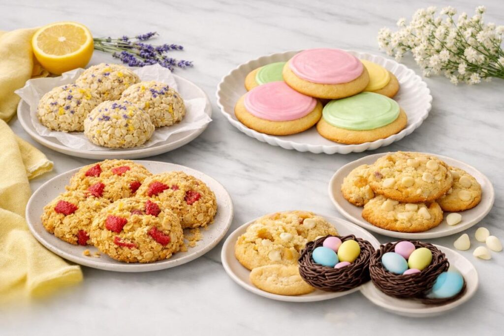 assorted no bake cookies and spring cookies styled on marble with lemon lavender, strawberry oatmeal, pastel sugar cookies