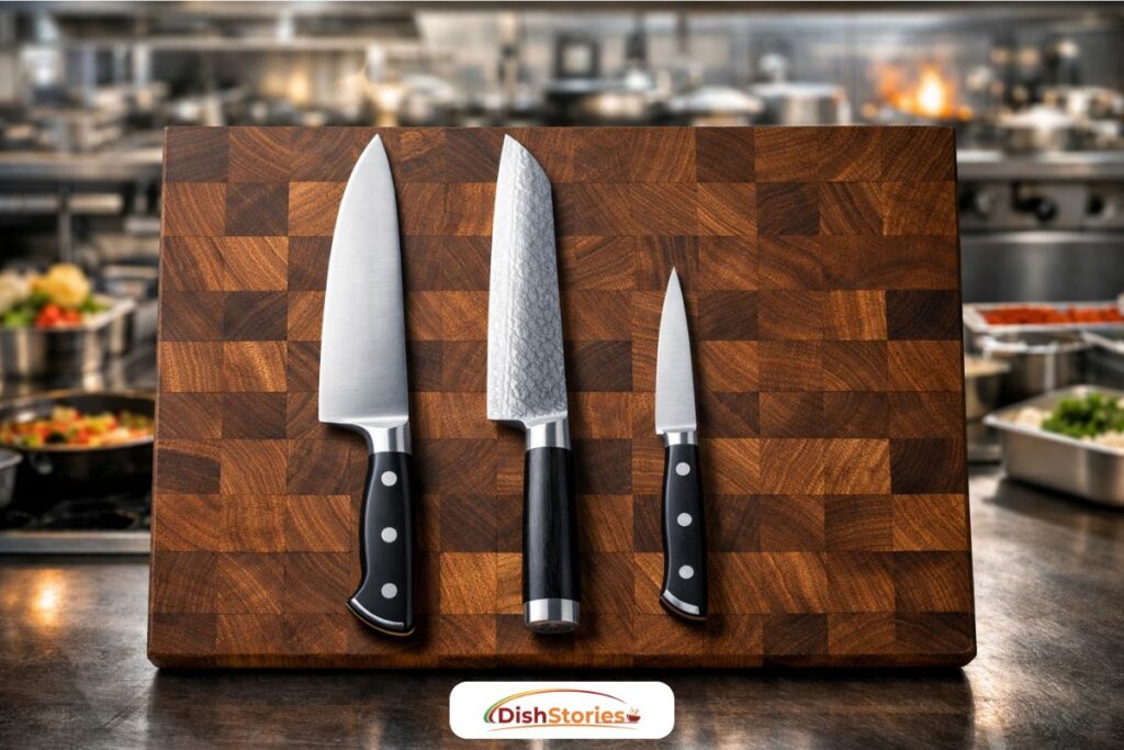 Best Rated Knives by Chefs knolled on a walnut cutting board with a busy 5-star hotel kitchen background.