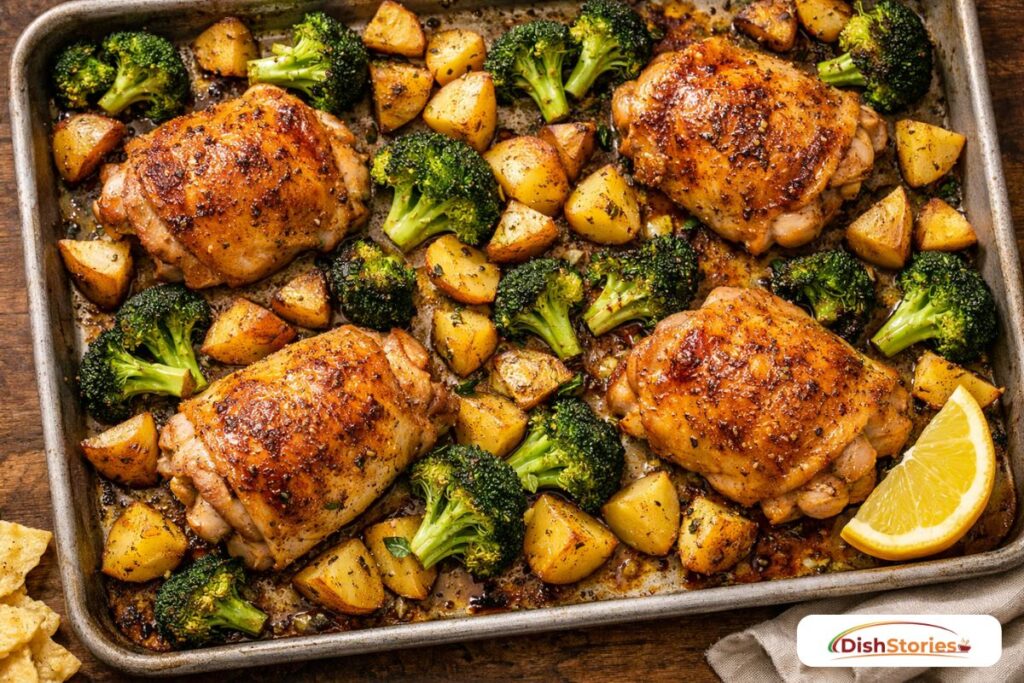 Golden roasted chicken and vegetables on a sheet pan, demonstrating the Maillard reaction.