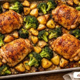 Golden roasted chicken and vegetables on a sheet pan, demonstrating the Maillard reaction.