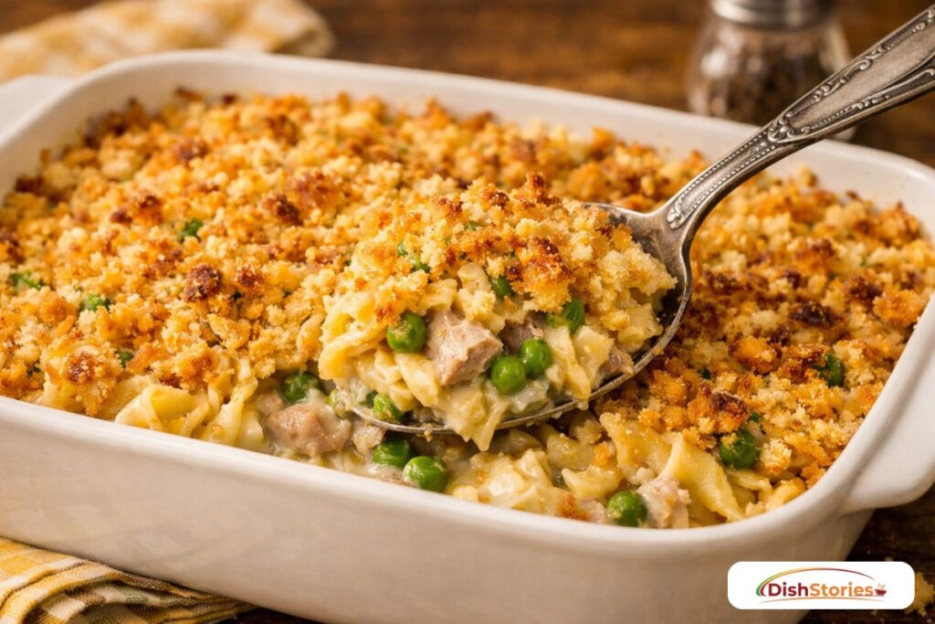 A golden-brown tuna noodle casserole in a white ceramic dish with a crispy cracker crust a cheap family meal under $10 for large groups.