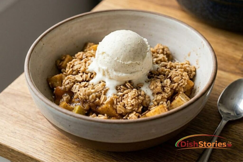 A single serving of the finished, baked Chai-Spiced Apple Crumble (from image_4.png) presented in a rustic handmade ceramic bowl. A scoop of vanilla bean ice cream is melting quickly over the bubbling, golden-brown oat-and-butter topping, highlighting the complex textures of this best fall dessert.