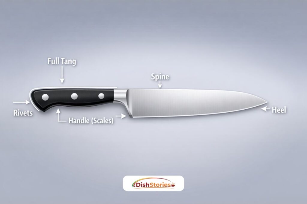 Professional forged chef's knife anatomy illustration showing tang, bolster, spine, and heel.