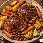 Crispy-skinned chicken thighs roasted with carrots and potatoes on a rustic plate.
