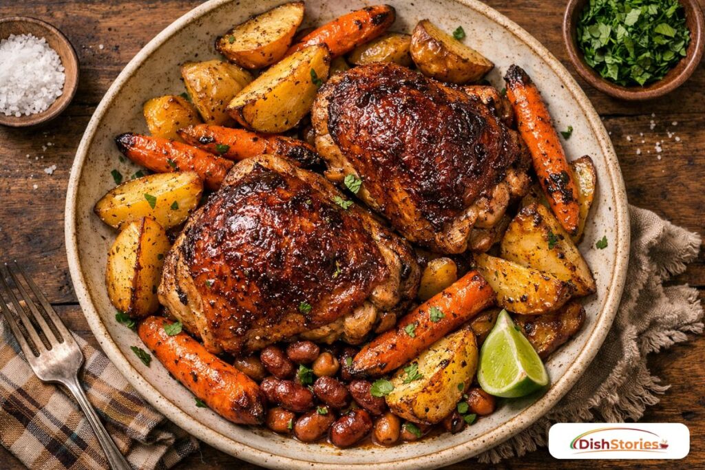 Crispy-skinned chicken thighs roasted with carrots and potatoes on a rustic plate. cheap family meals under $10