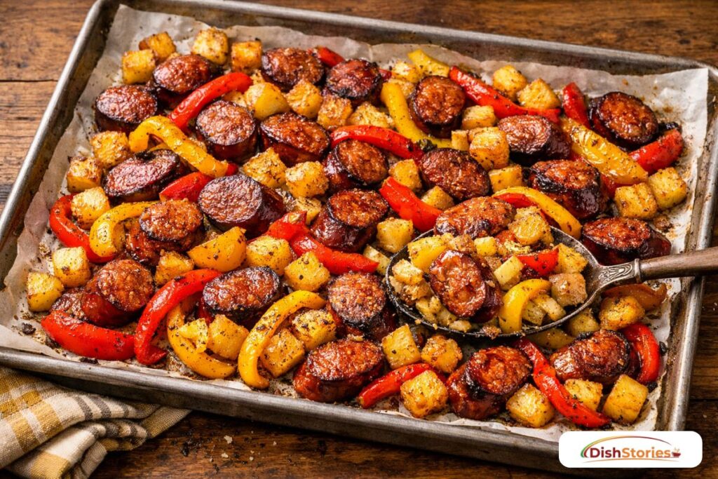 Roasted smoked sausage slices with charred bell peppers and golden potatoes on a baking sheet a cheap family meal under $10 for large groups.
