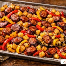Roasted smoked sausage slices with charred bell peppers and golden potatoes on a baking sheet.